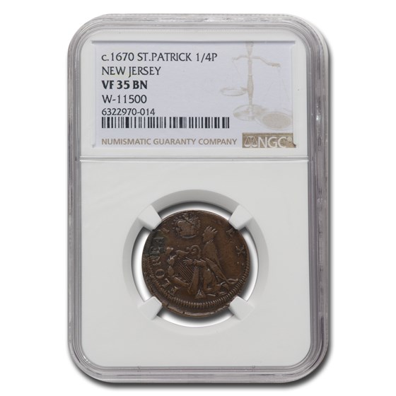 (1670-1675) St. Patrick New Jersey 1/4 Penny VF-35 NGC (Brown) (1670-1675) St. Patrick New Jersey 1/4 Penny VF-35 NGC (Brown)