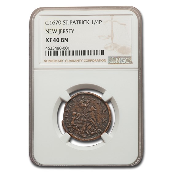 (1670-1675) St. Patrick New Jersey 1/4 Penny XF-40 NGC (Brown) (1670-1675) St. Patrick New Jersey 1/4 Penny XF-40 NGC (Brown)