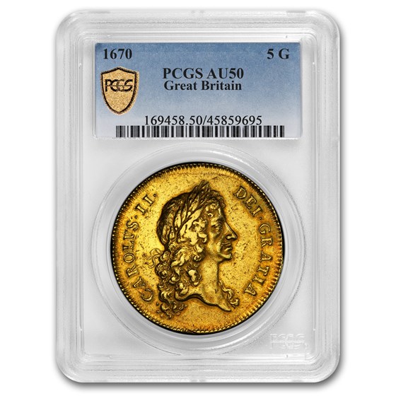 1670 Great Britain Gold 5 Guineas Charles II AU-50 PCGS