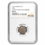 1681 German States Trier Silver 4 Pfennigs MS-63 NGC