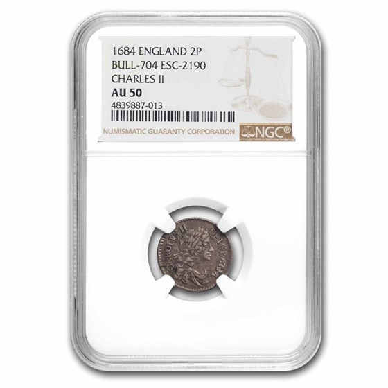 1684 Great Britain Silver 2 Pence Charles II AU-50 NGC