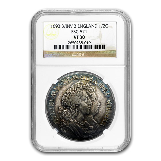 1693 Great Britain Silver 1/2 Crown William & Mary VF-30 NGC 1693 Great Britain Silver 1/2 Crown William & Mary VF-30 NGC