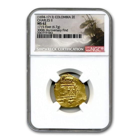 (1694-1713) Colombia Gold 2 Escudos Charles II Type MS-62 NGC (1694-1713) Colombia Gold 2 Escudos Charles II Type MS-62 NGC