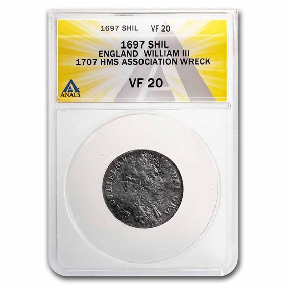 1697 England AR Shilling VF-20 ANACS (HMS Association Shipwreck) 1697 England AR Shilling VF-20 ANACS (HMS Association Shipwreck)