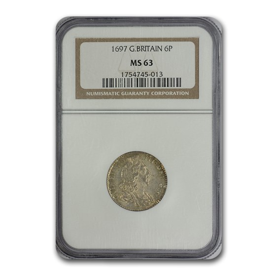 1697 Great Britain Sixpence William III MS-63 NGC 1697 Great Britain Sixpence William III MS-63 NGC