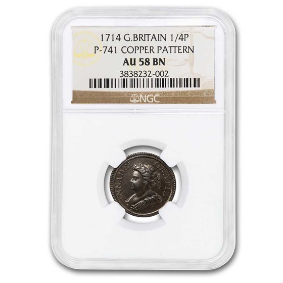 1714 Great Britain Copper 1/4 Penny Pattern AU-58 NGC (Brown) 1714 Great Britain Copper 1/4 Penny Pattern AU-58 NGC (Brown)
