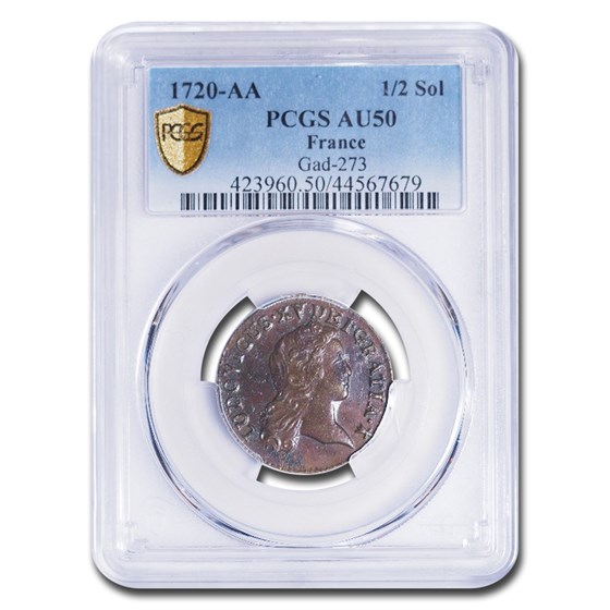 1720- AA French Colonies Half Sol AU-50 PCGS (Gad-273) 1720- AA French Colonies Half Sol AU-50 PCGS (Gad-273)