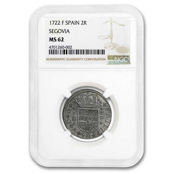 1722 Spain Silver 2 Reales Phillip V MS-62 NGC 1722 Spain Silver 2 Reales Phillip V MS-62 NGC