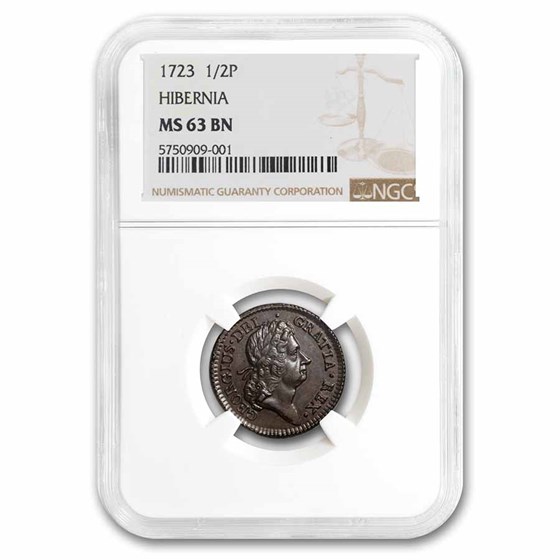 1723 Wood's Hibernia Halfpenny MS-63 NGC (Brown) 1723 Wood's Hibernia Halfpenny MS-63 NGC (Brown)