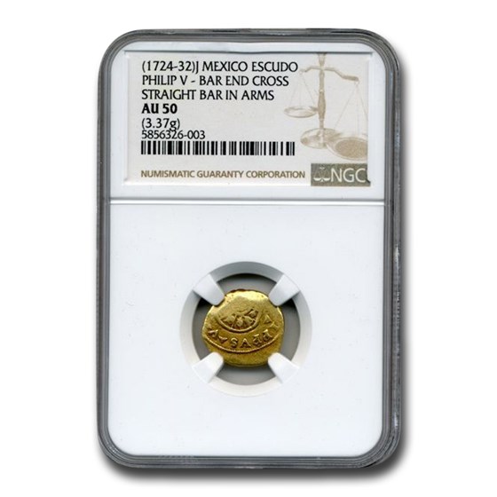 (1724-32) J Mexico Gold Escudo Philip V Bar BEC/SBA AU-50 NGC (1724-32) J Mexico Gold Escudo Philip V Bar BEC/SBA AU-50 NGC