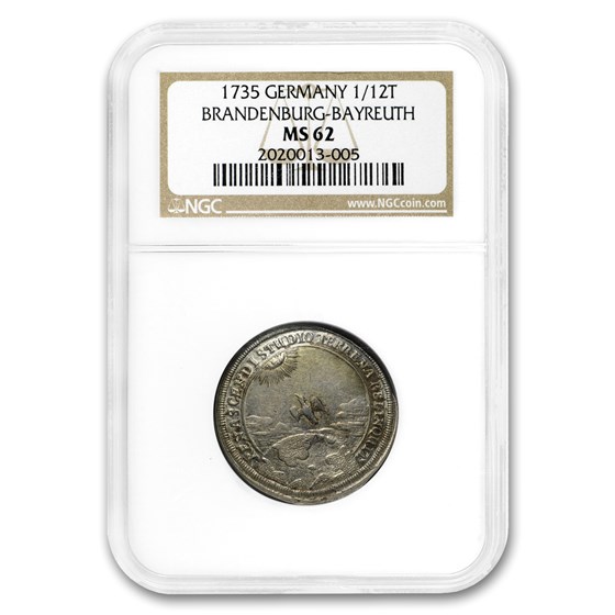 1735 Brandenburg-Bayreuth Georg Karl Ag 1/12 Thaler MS-62 NGC 1735 Brandenburg-Bayreuth Georg Karl Ag 1/12 Thaler MS-62 NGC
