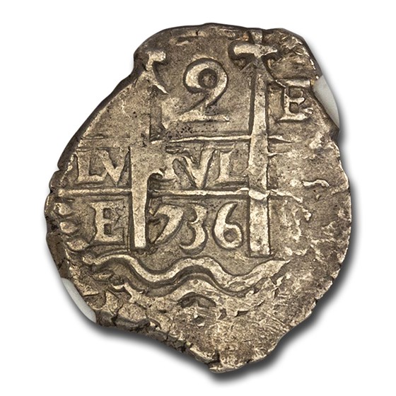 1736-P E Bolivia Silver 2 Reales Cob MS-61 NGC 1736-P E Bolivia Silver 2 Reales Cob MS-61 NGC