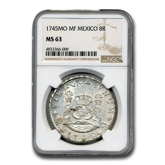 1745 MO MF Mexico Silver 8 Reales Pillar Dollar MS-63 NGC 1745 MO MF Mexico Silver 8 Reales Pillar Dollar MS-63 NGC