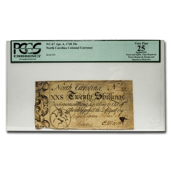 1748 20 Shillings North Carolina Currency 4/4/1748 VF-25 PCGS 1748 20 Shillings North Carolina Currency 4/4/1748 VF-25 PCGS