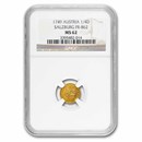 1749 Austria Gold Salzburg 1/4 Ducat MS-62 NGC