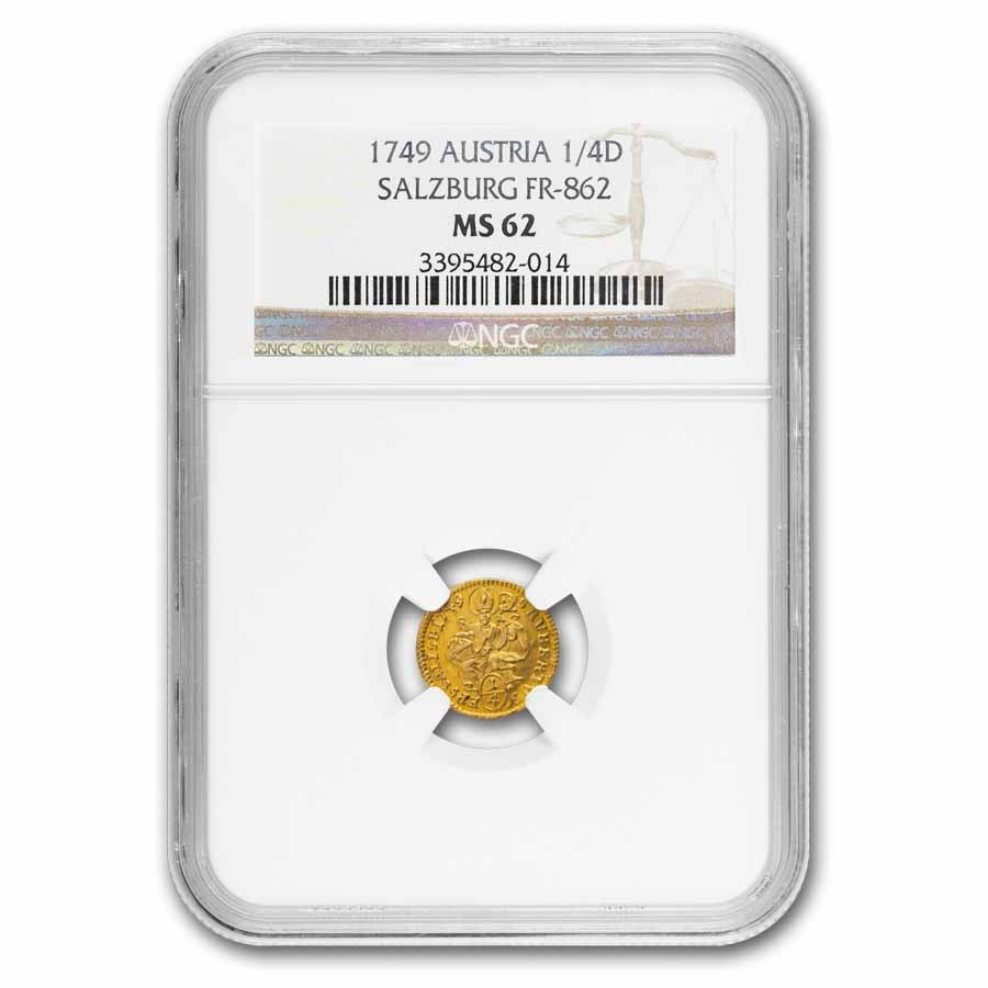 1749 Austria Gold Salzburg 1/4 Ducat MS-62 NGC