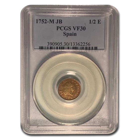 1752-M JB Spain Gold 1/2 Escudo Ferdinand VI VF-30 PCGS 1752-M JB Spain Gold 1/2 Escudo Ferdinand VI VF-30 PCGS