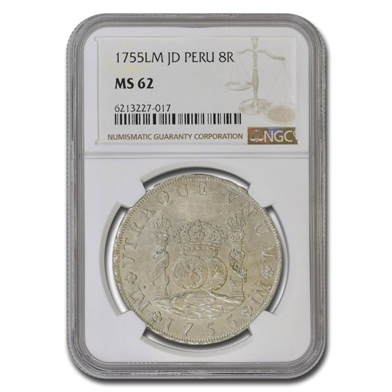 1755 LM-JD Peru Silver 8 Reales MS-62 NGC 1755 LM-JD Peru Silver 8 Reales MS-62 NGC