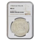 1755-LM Peru Silver 8 Reales MS-61 NGC