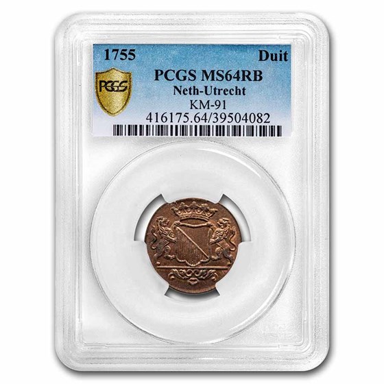 1755 Netherlands Utrecht Copper Duit MS-64 PCGS (Red/Brown) 1755 Netherlands Utrecht Copper Duit MS-64 PCGS (Red/Brown)