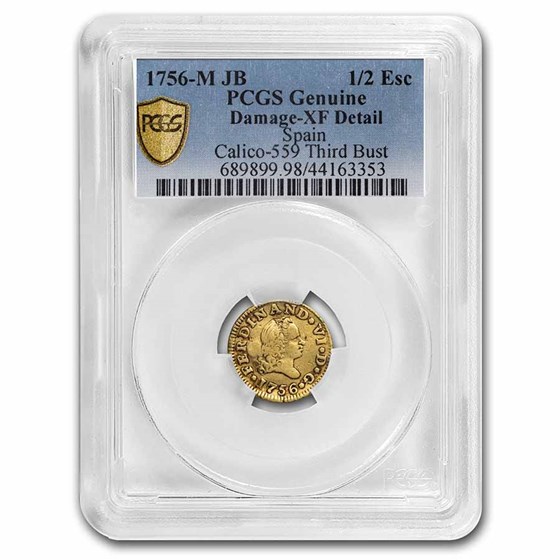 1756-M JB Spain Gold 1/2 Escudo Ferd VI XF-Dtl PCGS (Countermark)