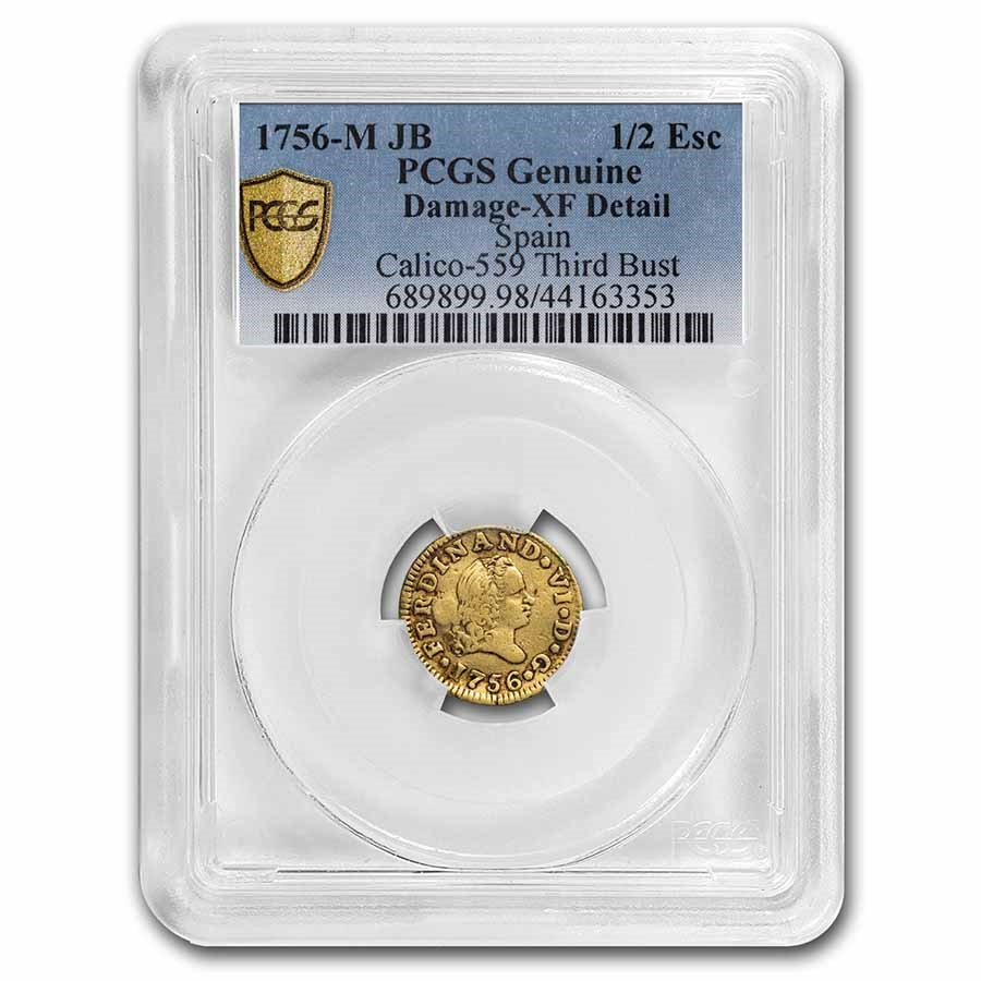 1756-M JB Spain Gold 1/2 Escudo Ferd VI XF-Dtl PCGS (Countermark)