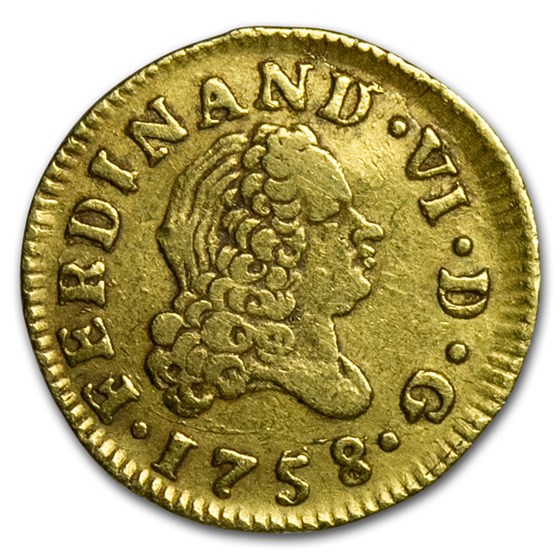 1758 M JV Spain Gold 1/2 Escudo Ferdinand VI VF 1758 M JV Spain Gold 1/2 Escudo Ferdinand VI VF