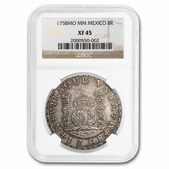 1758-Mo M.M. Mexico Silver 8 Reales Pillar Dollar XF-45 NGC 1758-Mo M.M. Mexico Silver 8 Reales Pillar Dollar XF-45 NGC