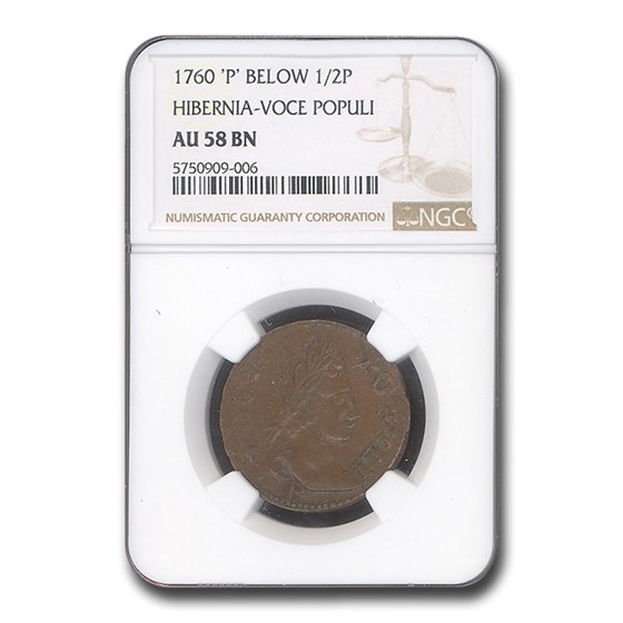 1760 Hibernia Halfpenny Voce Populi AU-58 NGC ('P' Below, BN) 1760 Hibernia Halfpenny Voce Populi AU-58 NGC ('P' Below, BN)