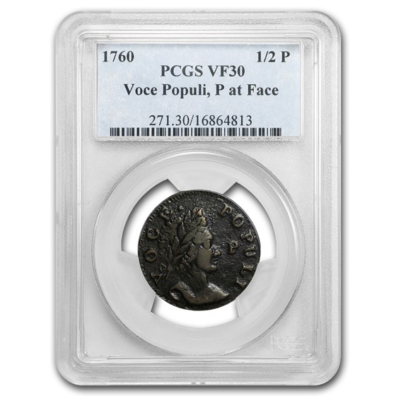 1760 Hibernia Halfpenny Voce Populi VF-30 PCGS ('P' at Face Var.) 1760 Hibernia Halfpenny Voce Populi VF-30 PCGS ('P' at Face Var.)