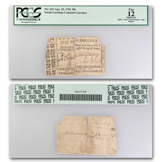 1761 10 Shillings North Carolina 4/23/61 F-12 PCGS (Fr#NC-122) AP 1761 10 Shillings North Carolina 4/23/61 F-12 PCGS (Fr#NC-122) AP