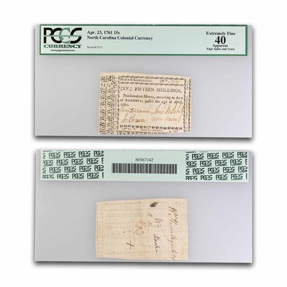 1761 15 Shillings North Carolina 4/23/61 XF-40 PCGS (Fr#NC-173) A 1761 15 Shillings North Carolina 4/23/61 XF-40 PCGS (Fr#NC-173) A