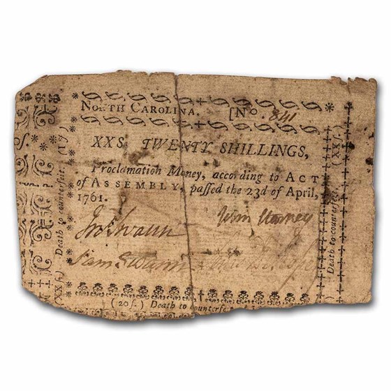 1761 20 Shillings North Carolina 4/23/1761 VF (Fr#NC-124)Details 1761 20 Shillings North Carolina 4/23/1761 VF (Fr#NC-124)Details