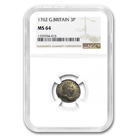1762 Great Britain Silver 3 Pence George III MS-64 NGC 1762 Great Britain Silver 3 Pence George III MS-64 NGC
