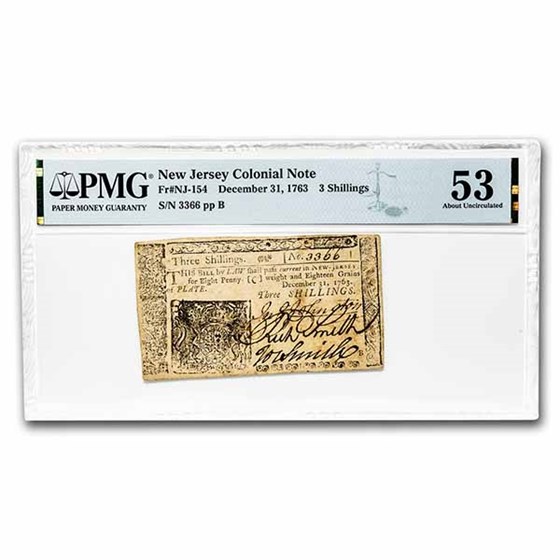 1763 3 Shillings New Jersey 12/31/63 AU-53 PMG (Fr#NJ-154) 1763 3 Shillings New Jersey 12/31/63 AU-53 PMG (Fr#NJ-154)