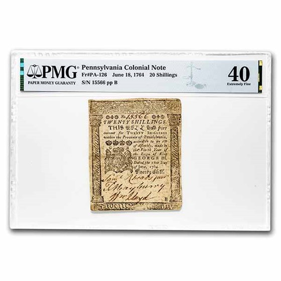 1764 20 Shillings Pennsylvania 6/18/1764 XF-40 PMG (Fr#PA-126) 1764 20 Shillings Pennsylvania 6/18/1764 XF-40 PMG (Fr#PA-126)