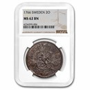 1766 Sweden Copper 2 Ore MS-62 NGC (Brown)