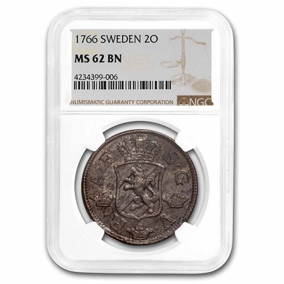 1766 Sweden Copper 2 Ore MS-62 NGC (Brown) 1766 Sweden Copper 2 Ore MS-62 NGC (Brown)
