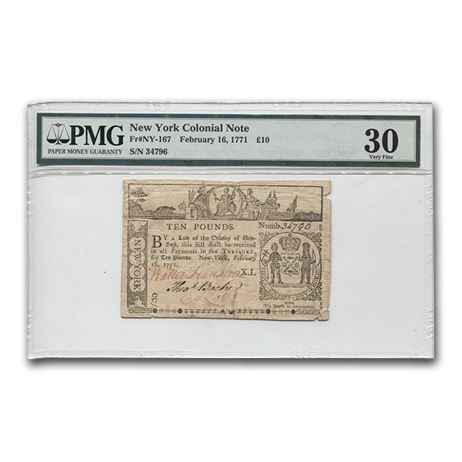 Buy 1771 10 Pounds New York Currency 2/16/1771 VF30 PMG APMEX