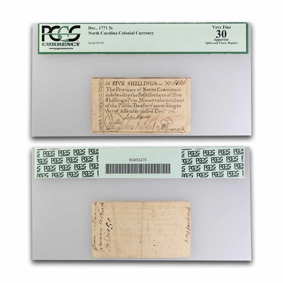 1771 5 Shillings North Carolina 12/71 VF-30 PCGS (Fr#NC-137) APPA 1771 5 Shillings North Carolina 12/71 VF-30 PCGS (Fr#NC-137) APPA