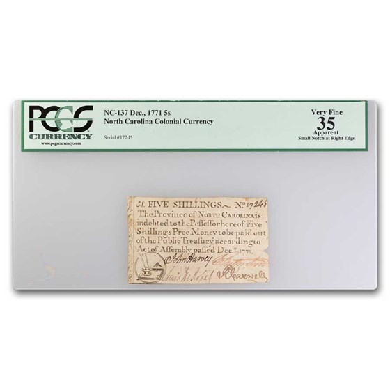1771 5 Shillings North Carolina 12/71 VF-35 PCGS (Fr#NC-137) APPA 1771 5 Shillings North Carolina 12/71 VF-35 PCGS (Fr#NC-137) APPA