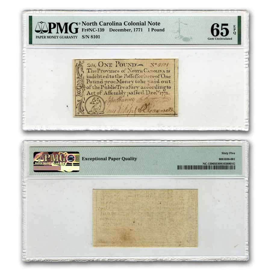 1771 One Pound N. Carolina Dec 1771 CU-65 EPQ PMG (Fr#NC-139)