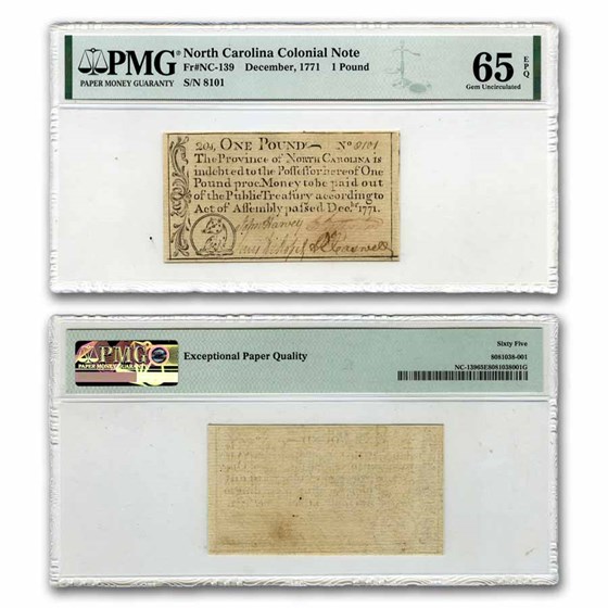 1771 One Pound N. Carolina Dec 1771 CU-65 EPQ PMG (Fr#NC-139) 1771 One Pound N. Carolina Dec 1771 CU-65 EPQ PMG (Fr#NC-139)