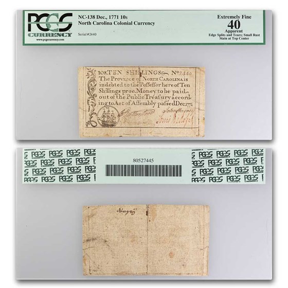 1771 Ten Shillings North Carolina 12/71 XF-40 PCGS (Fr#NC-138) Ap 1771 Ten Shillings North Carolina 12/71 XF-40 PCGS (Fr#NC-138) Ap