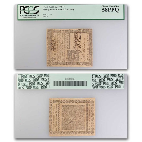 1772 1 Shilling Pennsylvania 4/3/1772 AU-58 PPQ PCGS (Fr#PA-154) 1772 1 Shilling Pennsylvania 4/3/1772 AU-58 PPQ PCGS (Fr#PA-154)