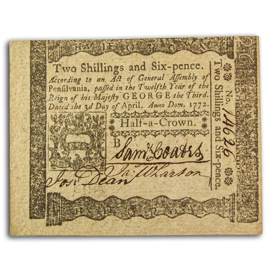 1772 2 Shillings 6 Pence Pennsylvania 4/3/1772 AU+ (Fr#PA-157) 1772 2 Shillings 6 Pence Pennsylvania 4/3/1772 AU+ (Fr#PA-157)