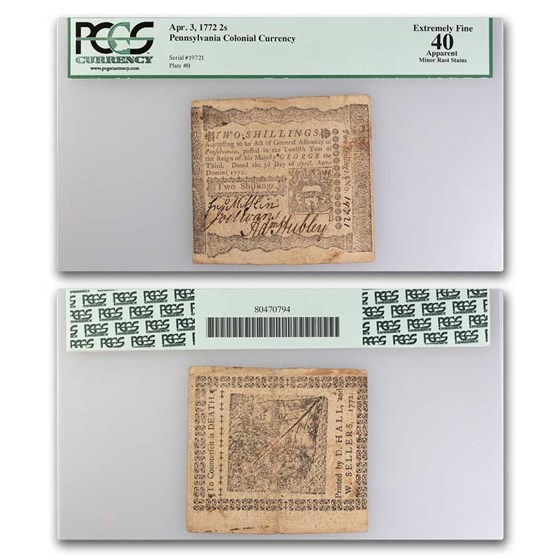 1772 2 Shillings Pennsylvania 4/3/1772 XF-40 PCGS (Fr#PA-156) App 1772 2 Shillings Pennsylvania 4/3/1772 XF-40 PCGS (Fr#PA-156) App