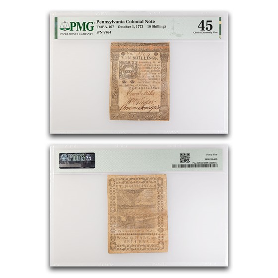 1773 10 Shillings PA 10/1/1773 XF-45 PMG (Fr#PA-167) 1773 10 Shillings PA 10/1/1773 XF-45 PMG (Fr#PA-167)