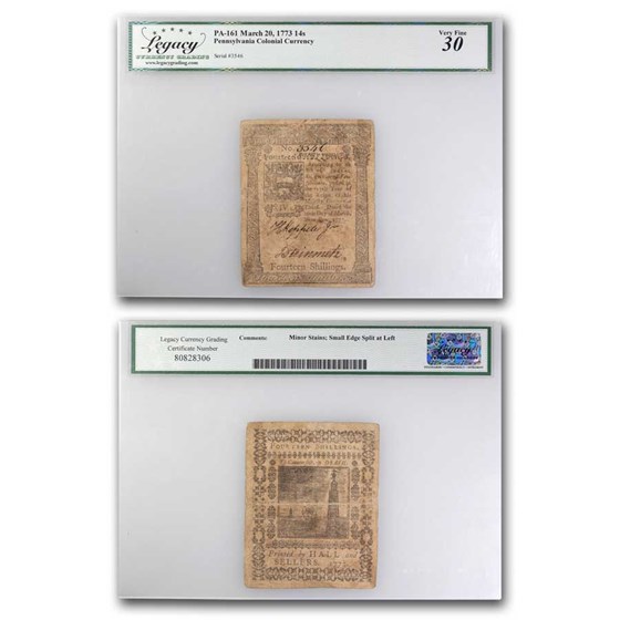 1773 14 Shillings Pennsylvania 03/20/1773 VF-30 Legacy(Fr#PA-161) 1773 14 Shillings Pennsylvania 03/20/1773 VF-30 Legacy(Fr#PA-161)