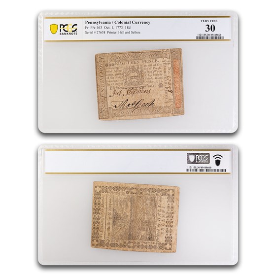 1773 18 Pence Pennsylvania 10/1/1773 VF-30 PCGS (Fr#PA-163) 1773 18 Pence Pennsylvania 10/1/1773 VF-30 PCGS (Fr#PA-163)